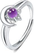 wholesale 925 Sterling Silver Moonstone Moon & Star Ring, Size 8, Adjustable 7-9, 7mm Stone, 2.7g, Gift for Women-0-0