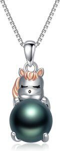 wholesale 925 Sterling Silver Unicorn & Black Freshwater Pearl Pendant Necklace for Women-0-0