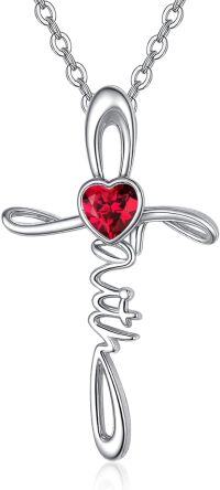 wholesale Sterling Silver Simulated Gemstone Faith Cross Birthstone Necklace for Women Christian Gifts-07-Ruby