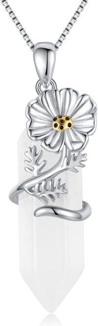 wholesale 925 Sterling Silver White Quartz Healing Crystal Poppy Flower Pendant Necklaces - Mothers Day Gifts for Mom Daughter Sister Wife-10-Oct-Marigold