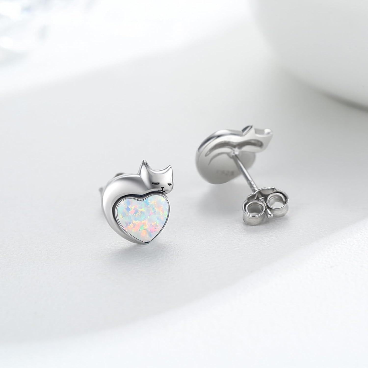 wholesale Sterling Silver Birthstone Cat Stud Earrings Heart Jewelry for Women-10-October-Opal