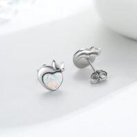 wholesale 925 Sterling Silver Birthstone Cat Stud Earrings Heart Jewelry for Women-10-October-Opal