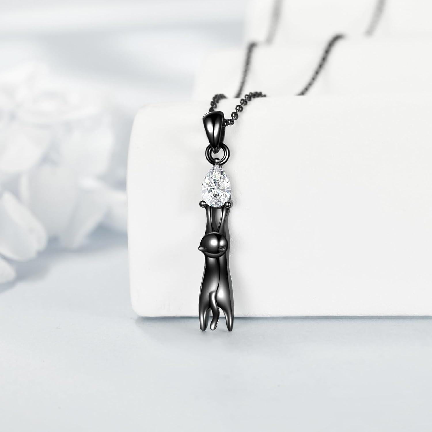 925 Sterling Silver Teardrop Crystal and Black Cat Pendant Necklace for Women Gifts-0-2