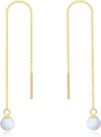 wholesale 925 Sterling Silver Yellow Gold 6mm Ball Opal Pearl Threader Earrings, Adjustable Length, Gift Box-14k Yellow gold opal earrings