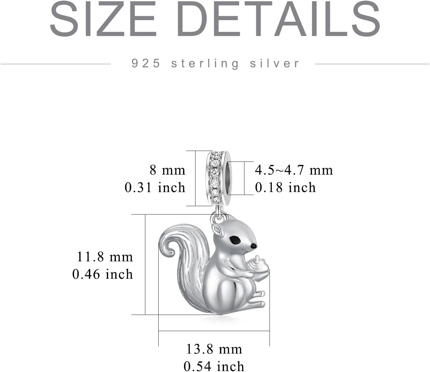 wholesale 925 Sterling Silver Squirrel Pendant Charm with Cubic Zirconia for Bracelet Necklace DIY Crafting Jewelry Making Supplies Accessories Gift Boxed 3D Engraved Design-0-3