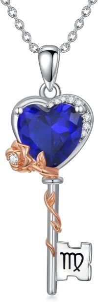 wholesale  Sterling Silver Birthstone Zodiac Necklace for Women Rose Flower Key Pendant Wife Gift -9-Virgo (8\/23~9\/22)