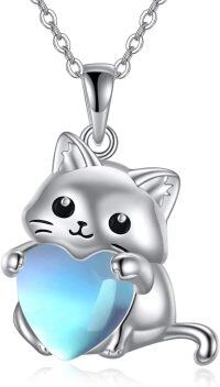 wholesale 925 Sterling Silver Heart-Shaped Moonstone Cat Pendant Necklace for Women-silver