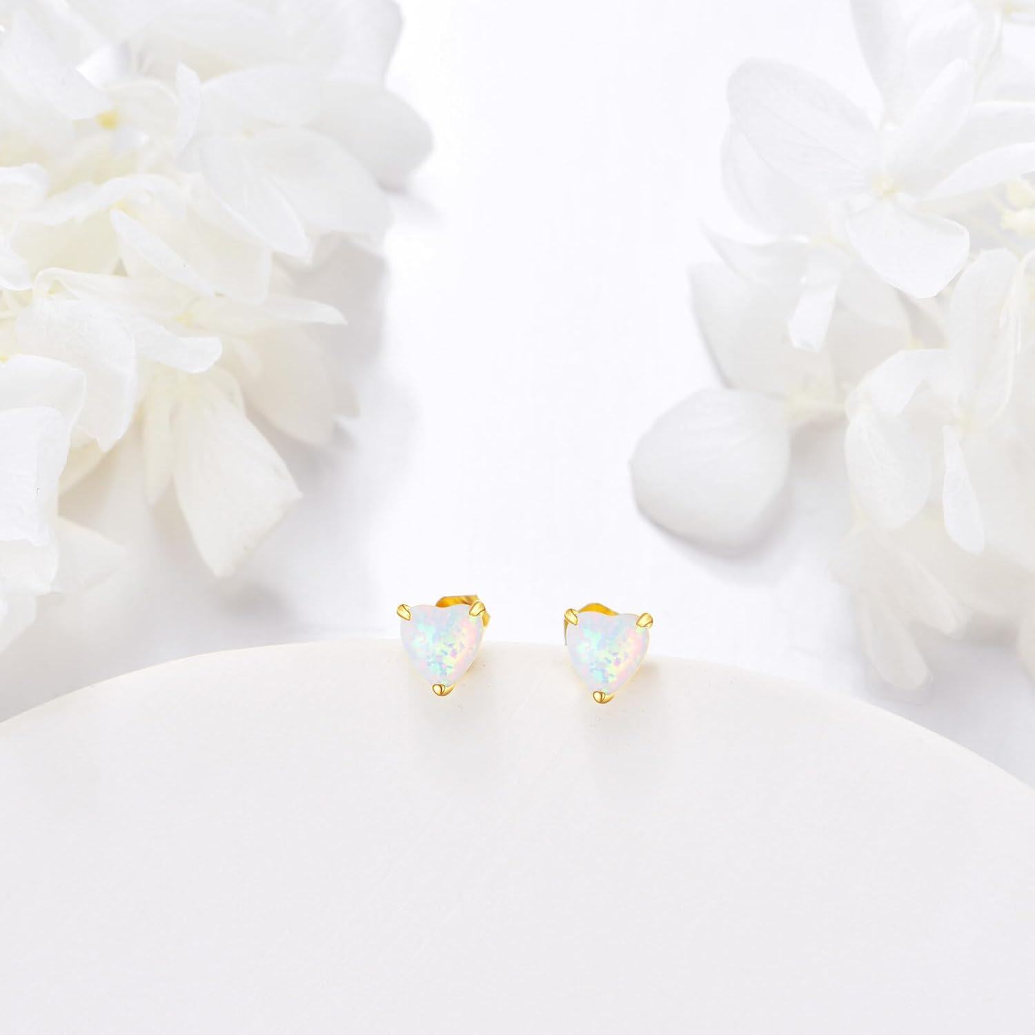 wholesale 14K Gold Heart-Shaped White Opal Stud Earrings - Solid 14K Gold Jewelry for Women-0-1