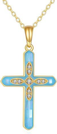wholesale 14K Gold Blue Crystal Cross Pendant Necklace for Women Girls Gifts Fine Jewelry Chain Length:26 + Extender-Abalone Cross