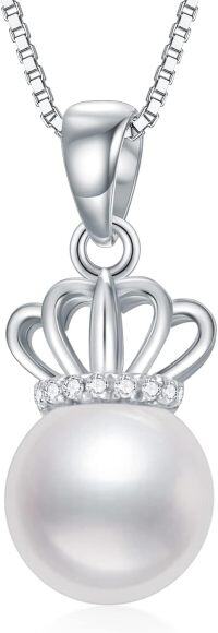 wholesale 925 Sterling Silver Crown Design with White Freshwater Pearl and Cubic Zirconia Necklace for Women's Gifts-Style 1