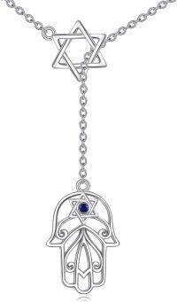 wholesale 925 Sterling Silver Evil Eye Hamsa Star of David Filigree Pendant Necklace with Blue Sapphire Stone-Hamsa Necklace