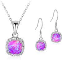 wholesale  18K White Gold Plated Green Opal Jewelry Set Hypoallergenic Square Necklace Earrings Birthstone Wedding Gift -Purple