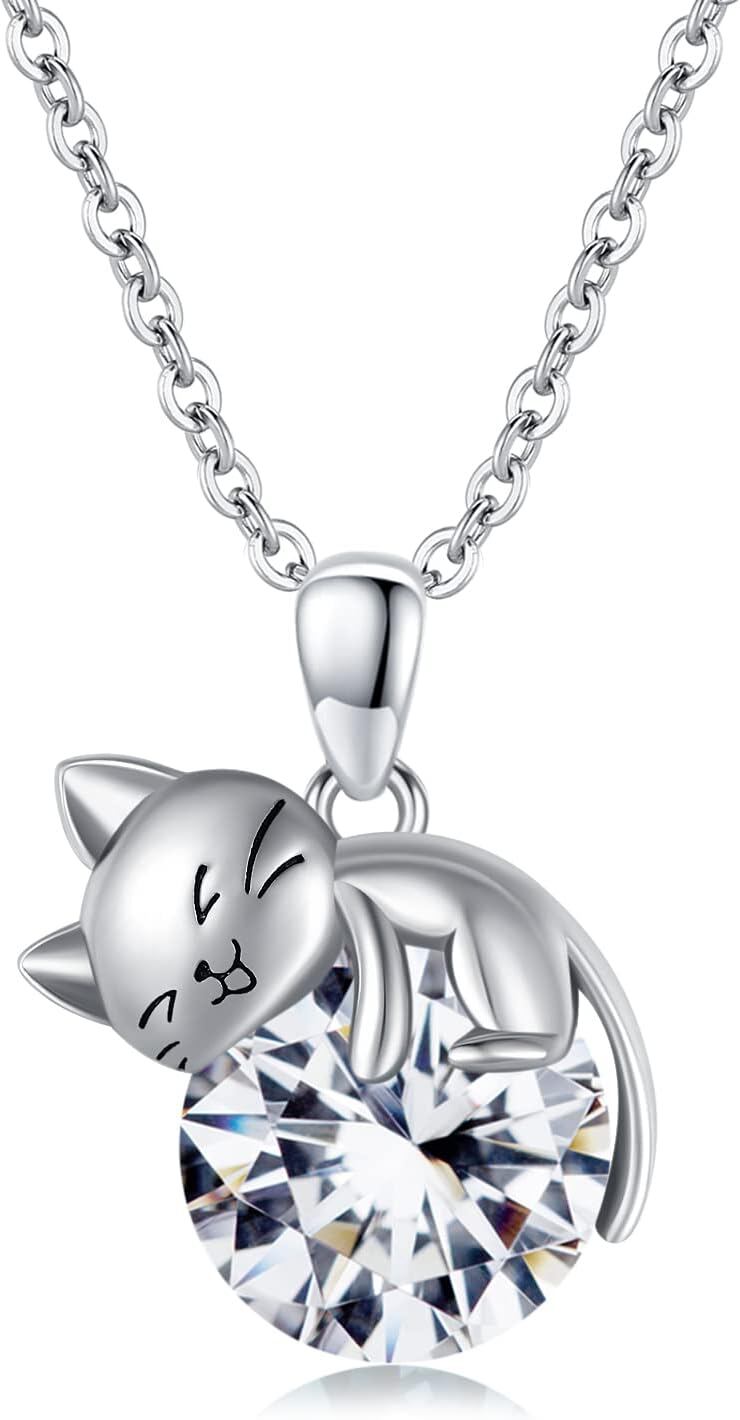Birthstone cat pendant necklace