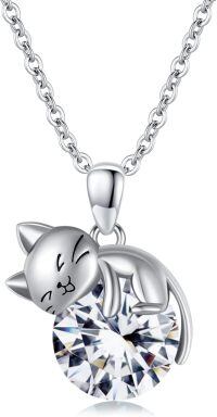 wholesale 925 Sterling Silver Cat Mom Baby Sleeping With Yellow Crystal Pendant Necklace-April