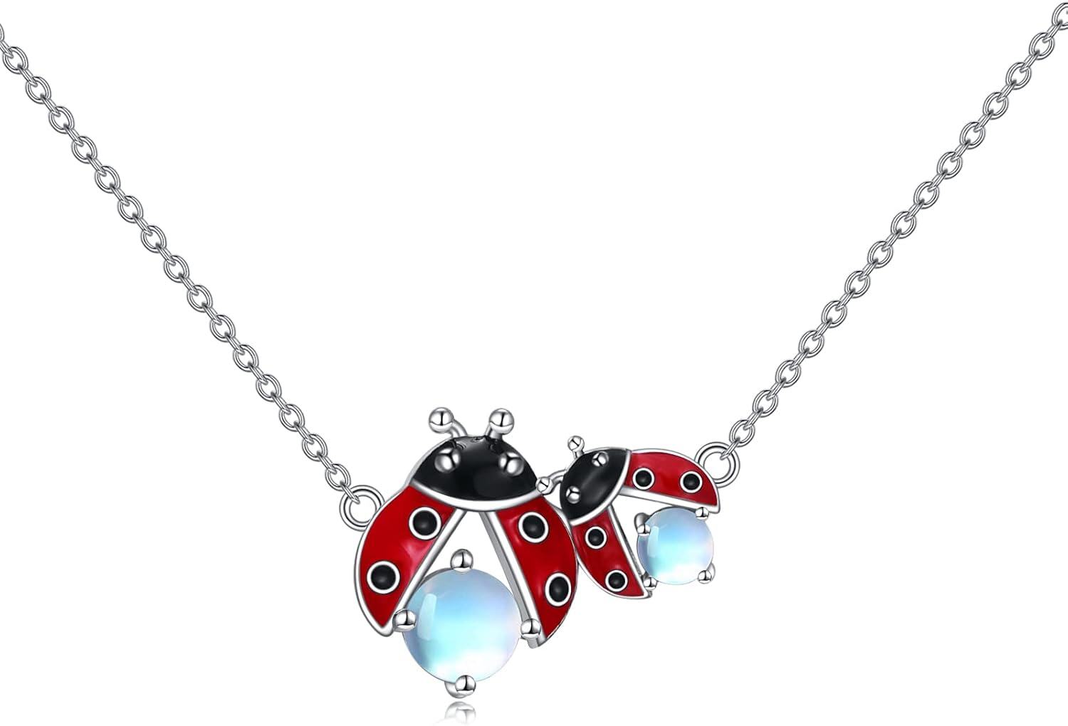 Sterling Silver Ladybug Necklace with Stone for Women Mother Daughter Gifts-Moonstone