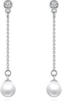 wholesale 925 Sterling Silver Round White Freshwater Pearl Dangle Earrings for Women-White Gold
