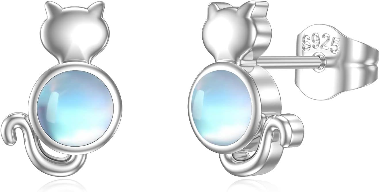 wholesale 925 Sterling Silver Round Blue Opal Cat Stud Earrings-0-0