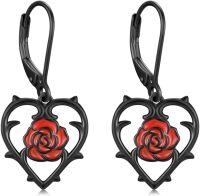 wholesale Black Metal Red Rose Heart Shape Dangle Earring Gift for Women-Red Rose