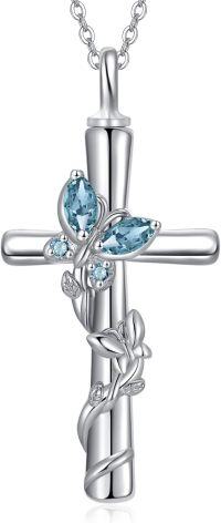 wholesale 925 Sterling Silver White Gold Plated Butterfly Cross Urn Necklace w Birthstone for Ashes Memorial Jewelry-Butterfly Cross Urn-Mar