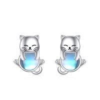wholesale 925 Sterling Silver Cat Earrings Wholesale With Opal Eyes-cat