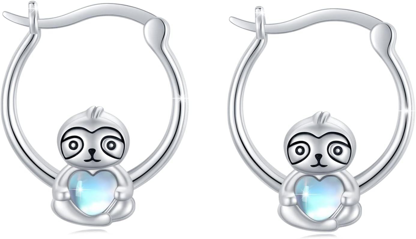 Sterling Silver Hypoallergenic Animal Huggie Hoop Earrings-Sloth Hoop Earrings - Moonstone