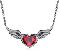 wholesale 925 Sterling Silver Red Crystal Heart with Angel Wings Pendant Necklace for Women and Girls-silver