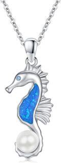 wholesale 925 Sterling Silver Blue Opal Seahorse Pearl Pendant Necklace Gifts for Women and Moms-0-0