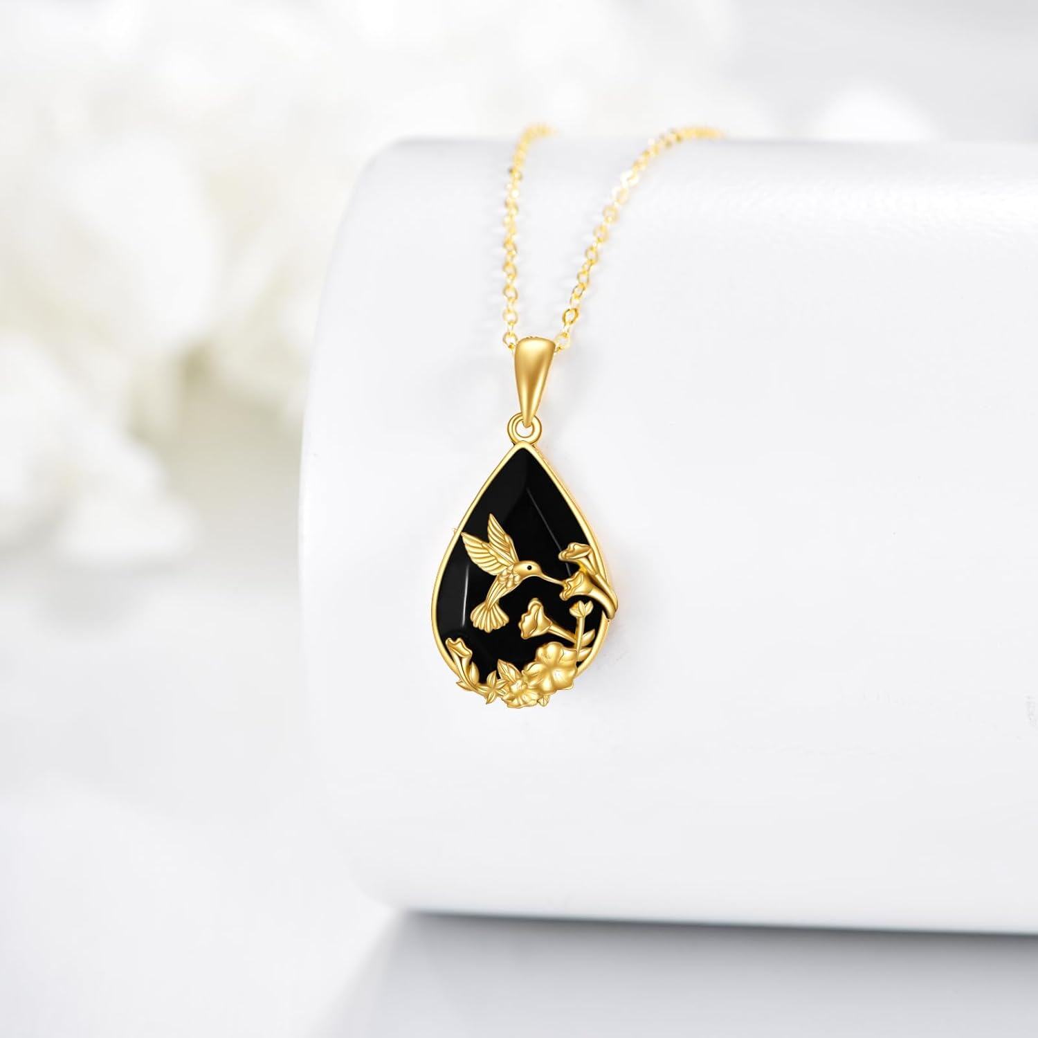  Solid Yellow Gold Black Crystal Necklace Vintage Pendant Gothic Jewelry -0-1