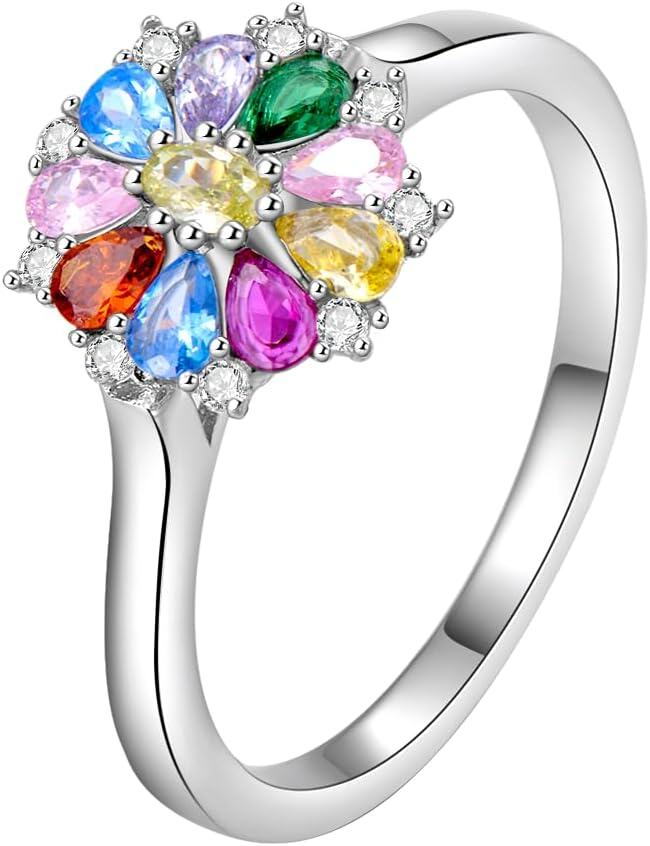 Sterling Silver Colored Gemstone Flower Ring for Women-Style3 # 3