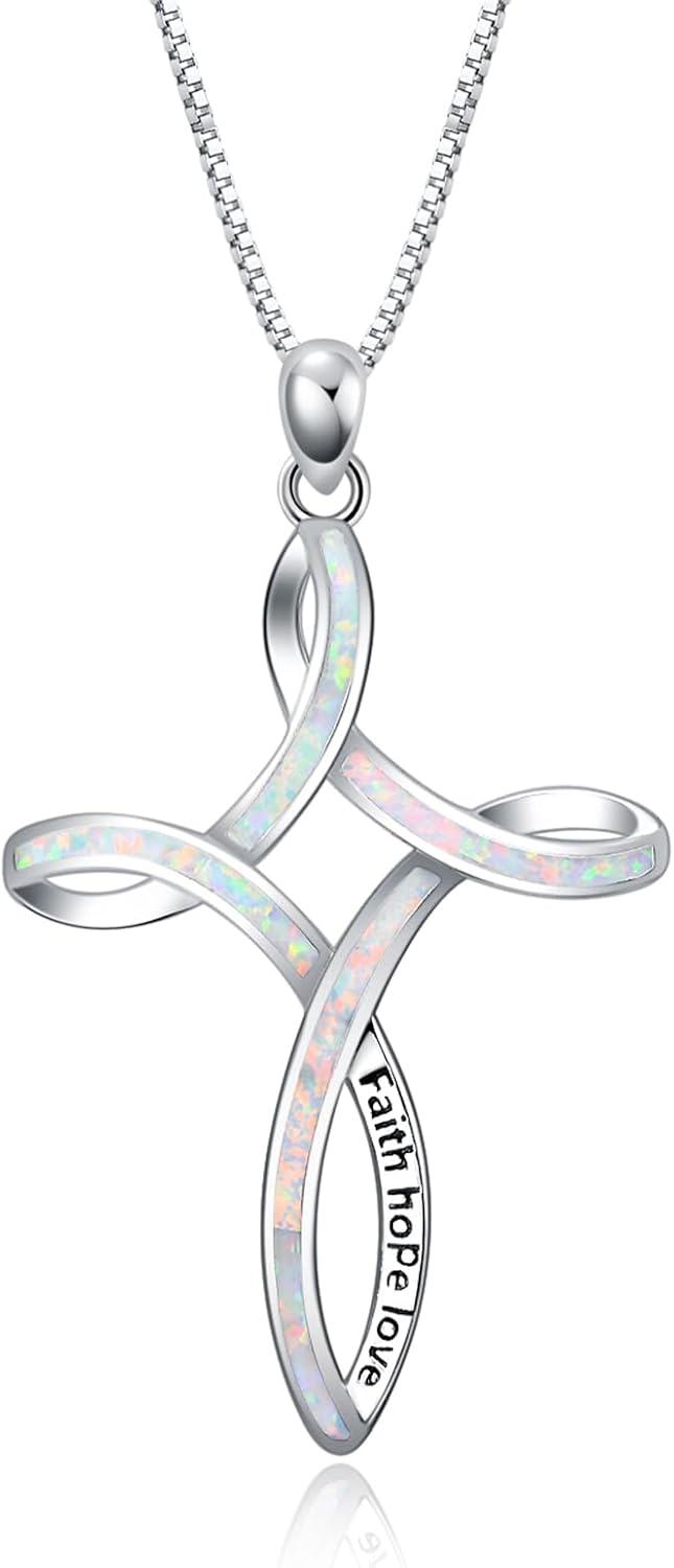 wholesale  Sterling Silver Blue White Opal Celtic Cross Necklace for Women -White Opal Necklace-White opal celtic knot cross necklace