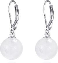wholesale 925 Sterling Silver Yellow Jade Round Ball Leverback Dangle Drop Earrings for Women-White Agate