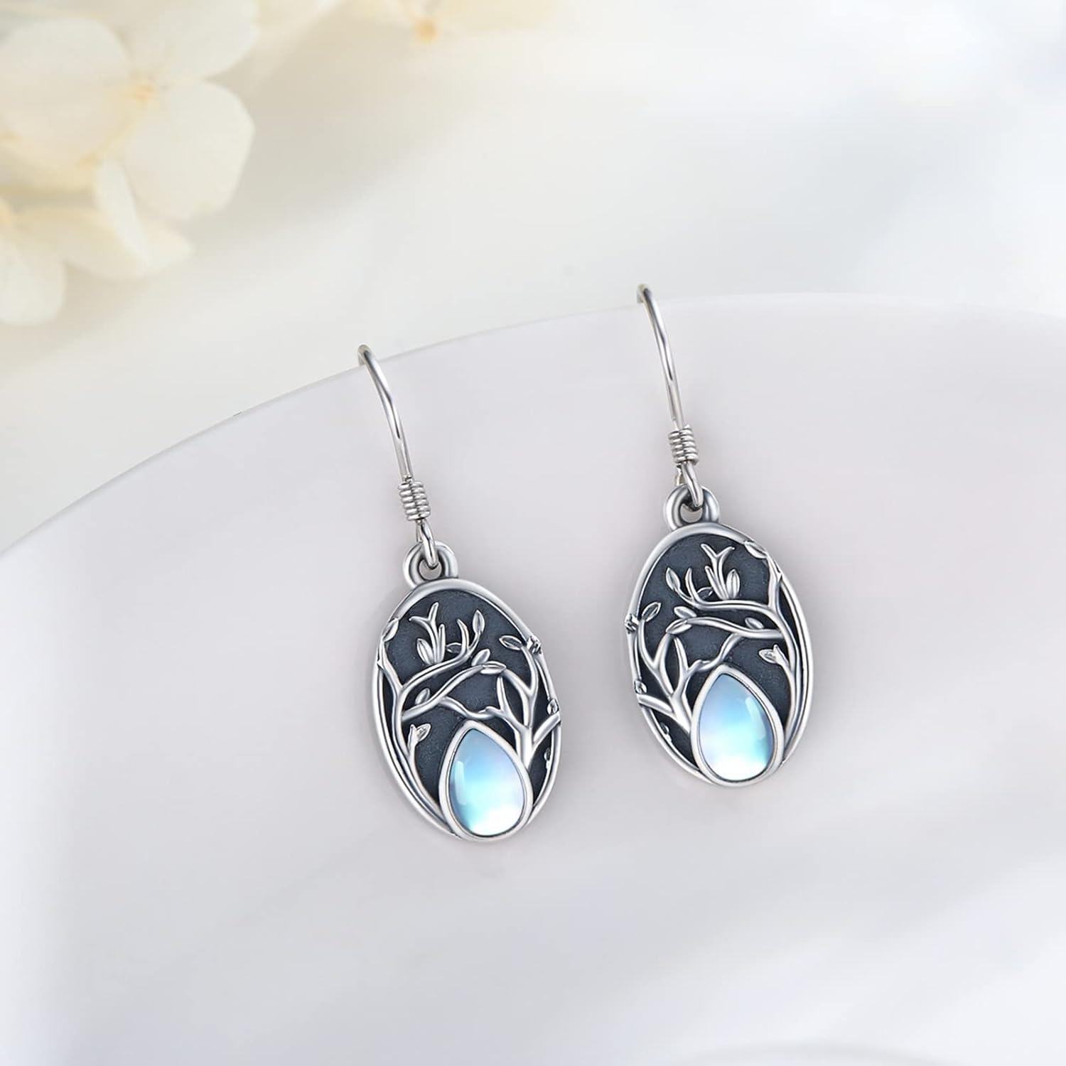 wholesale 925 Sterling Silver Tree of Life Moonstone Teardrop Dangle Earrings for Women-0-1