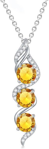 wholesale Sterling Silver 5mm Round Cut Three Birthstone Pendant Necklace w 18+2 Chain-Cittrin Yellow