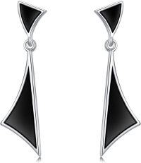 wholesale 925 Sterling Silver Black Onyx Triangle Drop Earrings for Women Girls  4cm Long-H1-Black Onyx