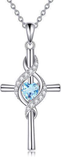 wholesale 925 Sterling Silver Birthstone Cross Pendant Necklace for Women-March-Blue