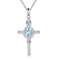 wholesale 925 Sterling Silver Birthstone Cross Pendant Necklace for Women-March-Blue