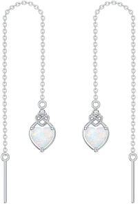 wholesale 925 Sterling Silver Celtic Knot Heart Threader Earrings w 12 Birthstones-10-Oct-White Opal