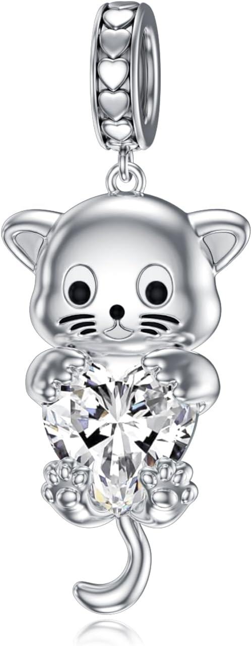 Silver Birthstone Cat Charm Bead Gift for Women-Created Diamond