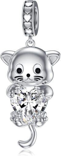 wholesale 925 Sterling Silver & Diamond April Birthstone Cat Charm (0.98x0.58) - Symbol of Longevity, Wealth, Wisdom - Gift for Women-April(Created Diamond)