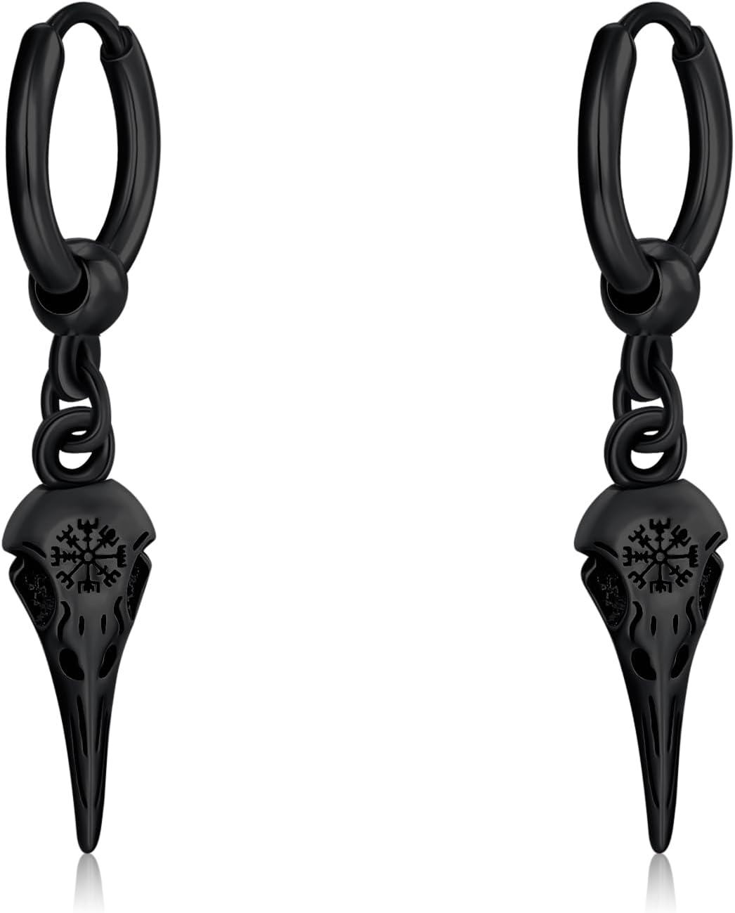 Sterling Silver Viking Earrings for Men Raven Celtic Knot Norse Huggie Hoop Punk Rock Jewelry -Raven-Black