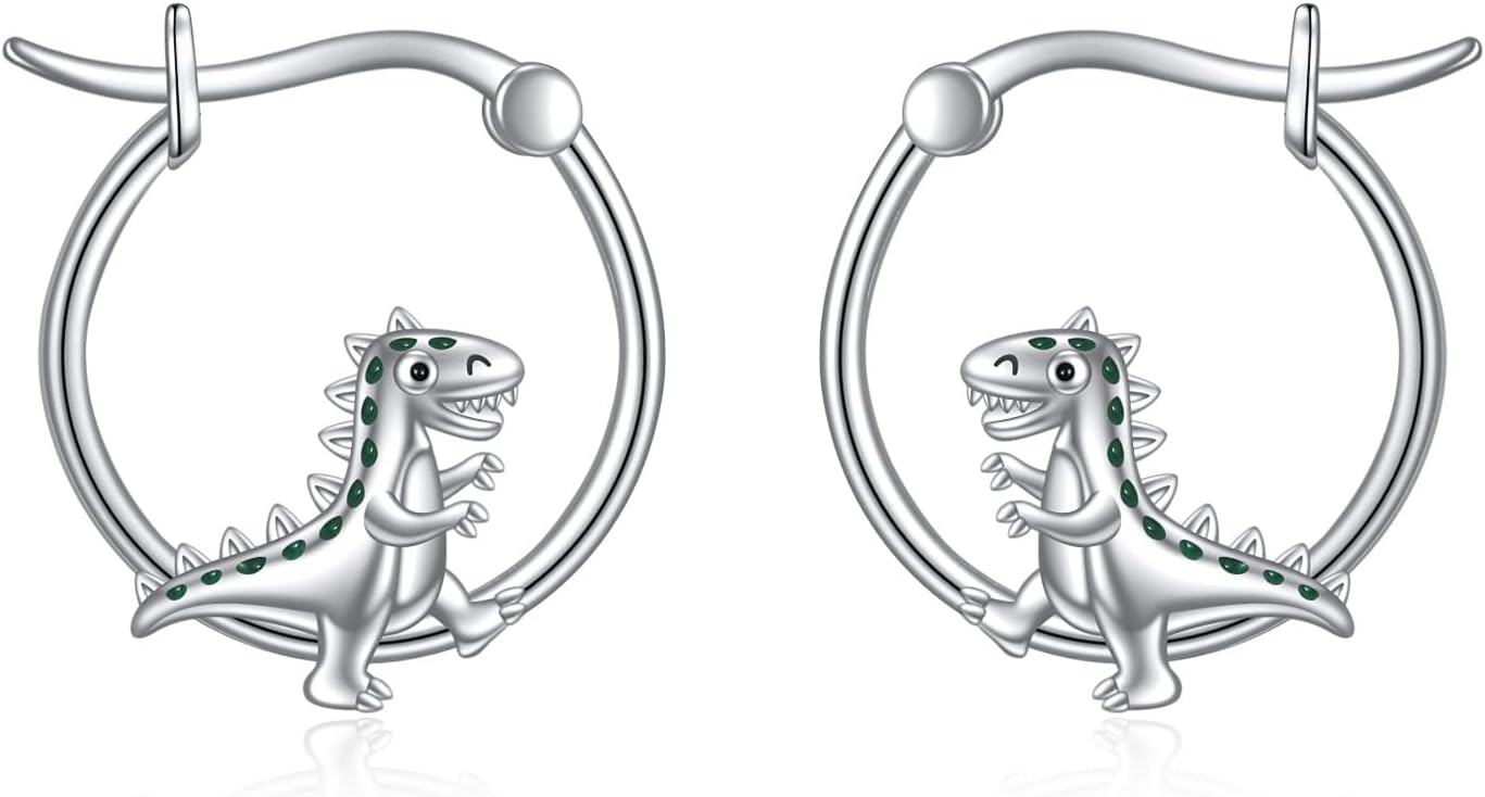 wholesale 925 Sterling Silver Dinosaur Hoop Earrings - Cute Animal  for Women and Girls-0-0