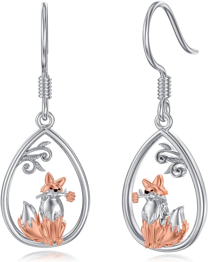 wholesale 925 Sterling Silver Fox Teardrop Dangle Earrings Adorable Animal Jewelry for Girls and Women-0-0
