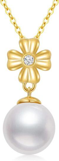 wholesale 14K Gold Flower Diamond & White Freshwater Pearl Pendant Necklace for Women-Four-Leaf Clover