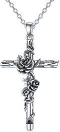 wholesale 925 Sterling Silver Rose Floral Cross Crucifix Pendant Necklace for Men & Women - Religious Jewelry with Chain (Length: 24)-0-0