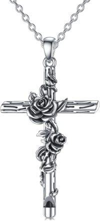 wholesale 925 Sterling Silver Rose Floral Cross Crucifix Pendant Necklace for Men & Women - Religious Jewelry with Chain (Length: 24)-Cross_Rose