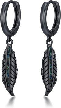 wholesale 925 Sterling Silver Black Feather Drop Earrings with Turquoise and Malachite Accents-Feather-Abalone