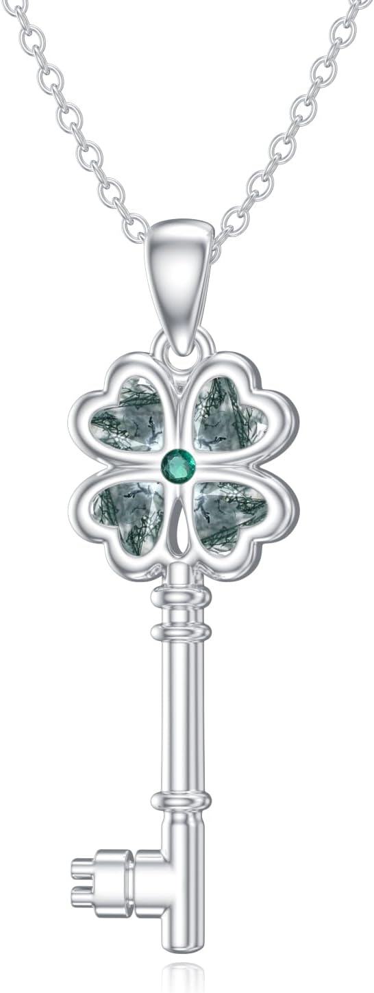 Sterling Silver Moss Agate Turquoise Clover Ankh Sun Compass Necklace w Butterfly Dragonfly Bee Pendant Women s Gift-Key