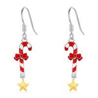 wholesale 925 Sterling Silver Candy Cane Dangle Earrings With Gold Star-Candy Cane