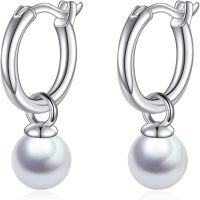 wholesale 925 Sterling Silver 12mm Hoop Earrings with 6mm Shell Pearl Drops for Women-Silver-6mm Shell Pearl