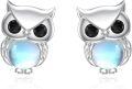 wholesale 925 Sterling Silver Owl Stud Earrings with Blue Moonstone and Black Cubic Zirconia Eyes-0-0